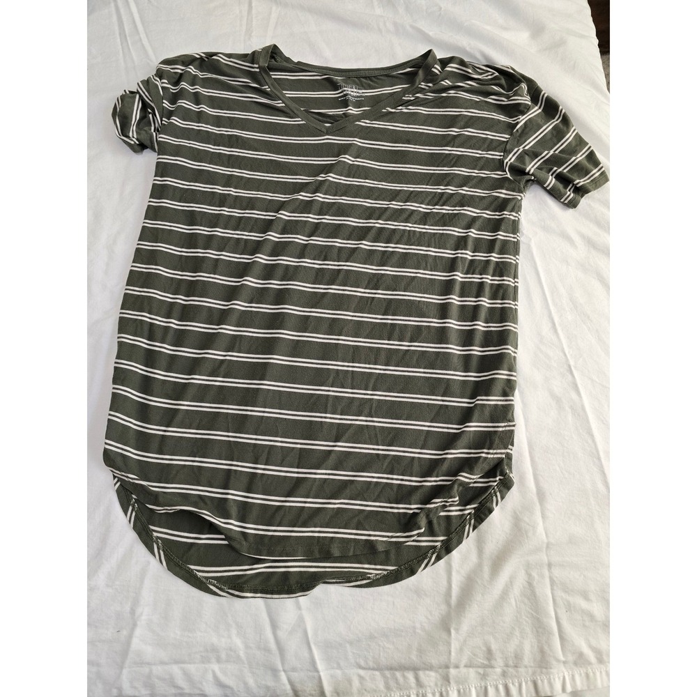 Time and Tru Olive Green White Stripe V Neck Tunic Shirt Top Size 8 10 /0364
